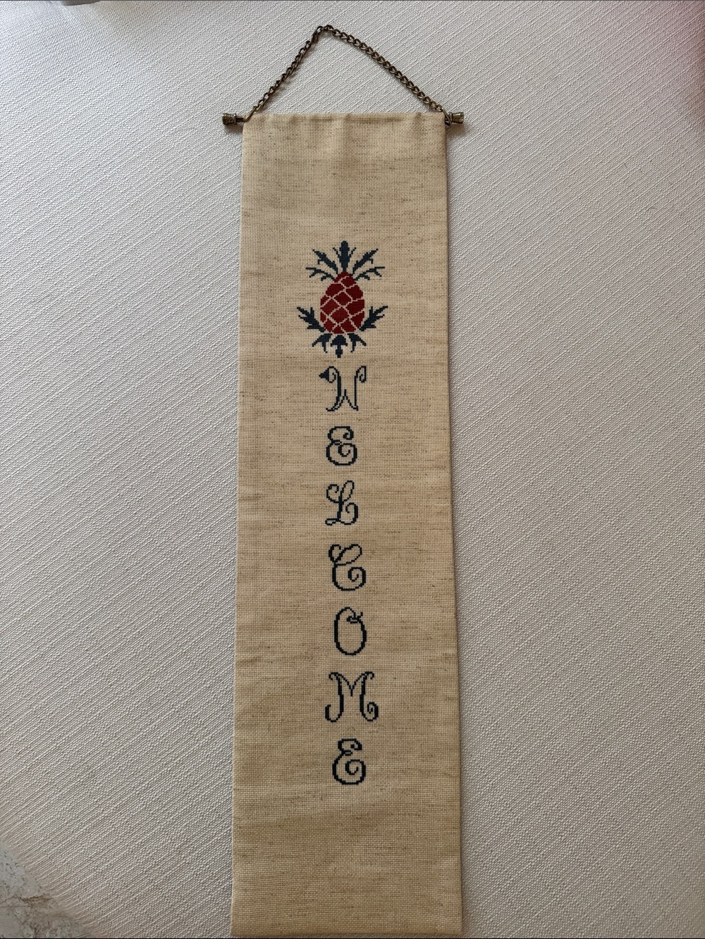 Vintage Handmade Petit Point Welcom Pineapple Wall Hanging with Brass Hanger